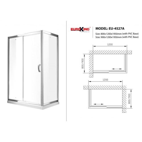 Kích thước phòng tắm vách kính Euroking EU-4527A 900mm