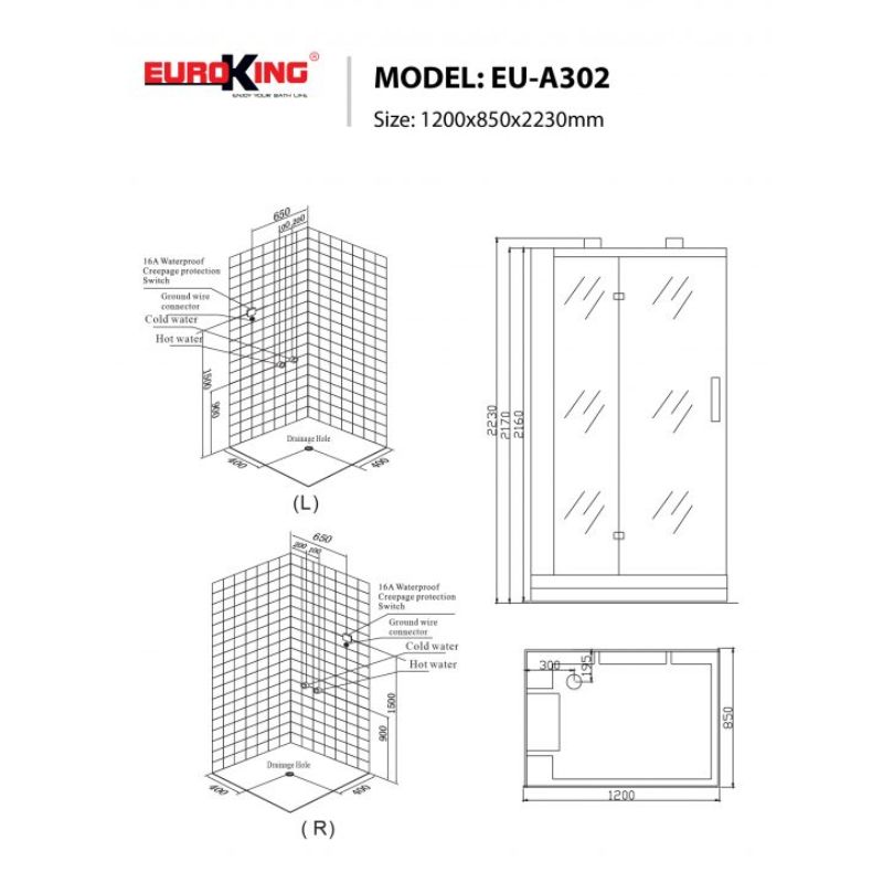Kích thước phòng xông hơi Euroking EU-A302 Kích thước phòng xông hơi Euroking EU-A302