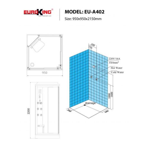 Phòng xông hơi Euroking EU-A402 4 Kích thước phòng xông hơi Euroking EU-A402