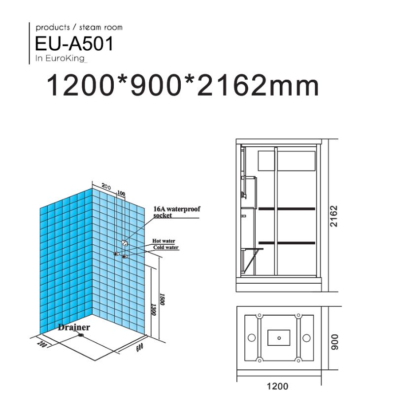 Kích thước phòng xông hơi Euroking EU-A501 Kích thước phòng xông hơi Euroking EU-A501