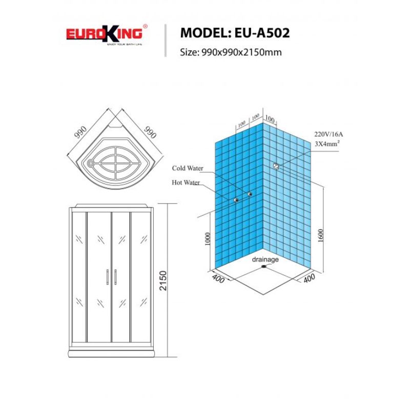 Kích thước phòng xông hơi Euroking EU-A502 Kích thước phòng xông hơi Euroking EU-A502
