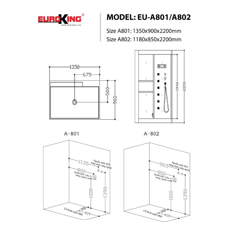 Kích thước phòng xông hơi EuroKing EU-A802 Kích thước phòng xông hơi EuroKing EU-A802