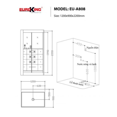 Kích thước phòng xông hơi EuroKing EU-A808