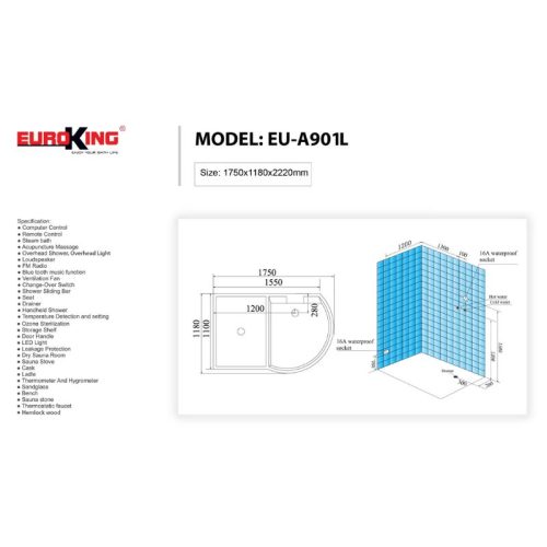 Phòng xông hơi Euroking EU-A901L White 5 Kích thước phòng xông hơi Euroking EU-A901L White