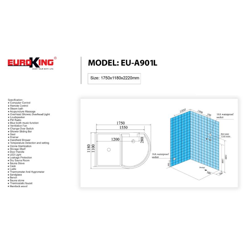 Kích thước phòng xông hơi Euroking EU-A901L White Kích thước phòng xông hơi Euroking EU-A901L White