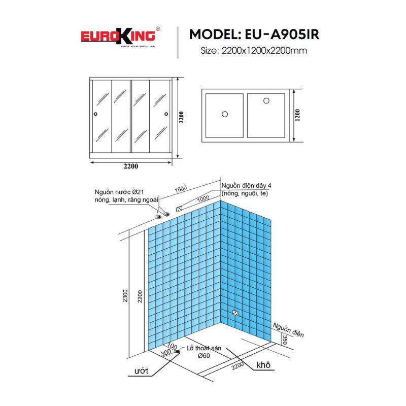 Kích thước phòng xông hơi Euroking EU-A905IR Kích thước phòng xông hơi Euroking EU-A905IR
