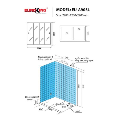Phòng xông hơi Euroking EU-A905L 3 Kích thước phòng xông hơi Euroking EU-A905L