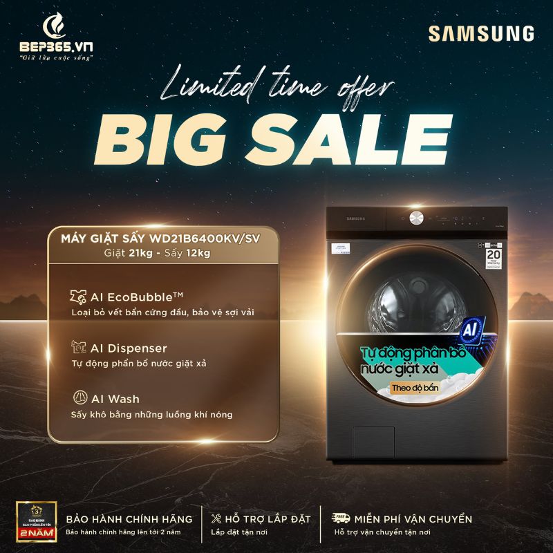 Big sale Máy Giặt Sấy Samsung Inverter Giặt 21 Kg - Sấy 12 Kg WD21B6400KV/SV Big sale Máy Giặt Sấy Samsung Inverter Giặt 21 Kg - Sấy 12 Kg WD21B6400KV/SV