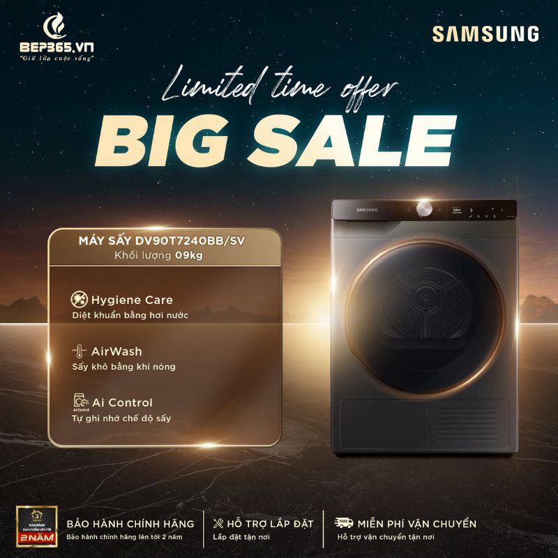 Big sale Máy Sấy Bơm Nhiệt Samsung AI Inverter 9 Kg DV90T7240BB/SV Big sale Máy Sấy Bơm Nhiệt Samsung AI Inverter 9 Kg DV90T7240BB/SV