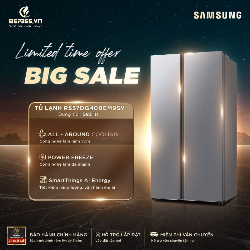 Big sale Tủ lạnh 2 cánh side by side Inverter 583 Lít Samsung RS57DG400EM9SV Big sale Tủ lạnh 2 cánh side by side Inverter 583 Lít Samsung RS57DG400EM9SV