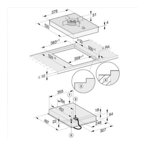 Bếp Gas Domino Miele 1 vùng nấu CS 7101-1 FL lắp âm 4 Kích thước bếp Gas Domino Miele 1 vùng nấu CS 7101-1 FL lắp âm