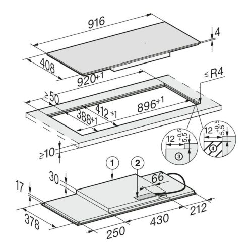 Bếp từ đa điểm Miele 4 vùng nấu KM 7684 FL lắp âm 4 Kích thước bếp từ đa điểm Miele 4 vùng nấu KM 7684 FL lắp âm