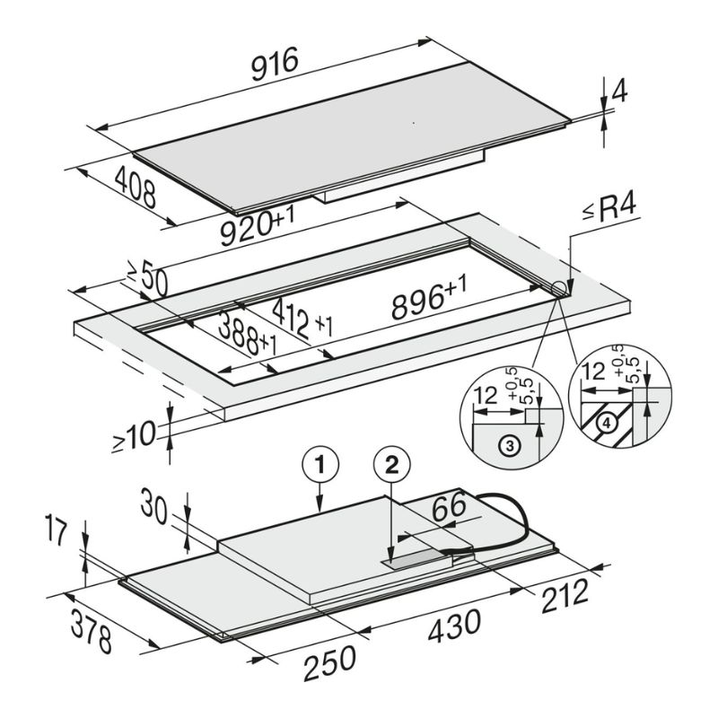 Kích thước bếp từ đa điểm Miele 4 vùng nấu KM 7684 FL lắp âm Kích thước bếp từ đa điểm Miele 4 vùng nấu KM 7684 FL lắp âm