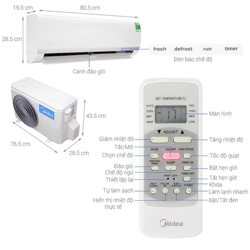 Kích thước điều hòa 1 chiều Midea MSAFII-24CRN8 Kích thước điều hòa 1 chiều Midea MSAFII-24CRN8