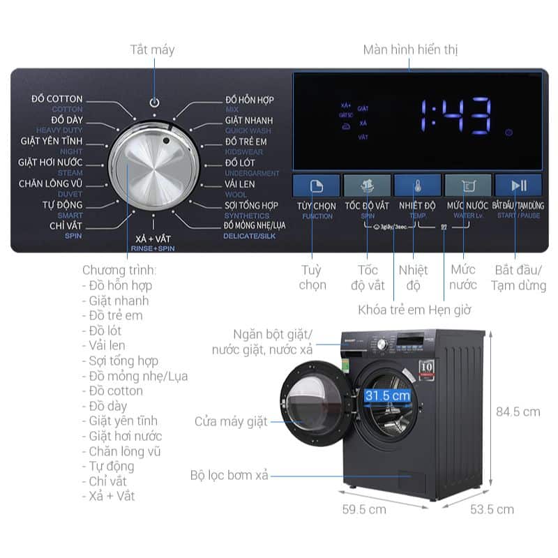 Kích Thước Máy giặt Sharp Inverter 9 kg ES-FM90CB-SB Kích Thước Máy giặt Sharp Inverter 9 kg ES-FM90CB-SB