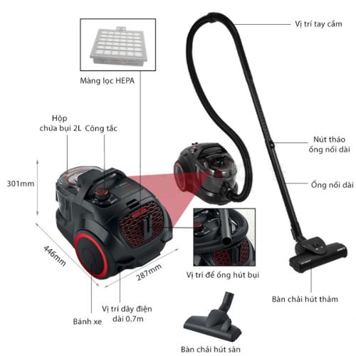 Kích thước máy hút bụi dạng hộp Bosch BGS21WPOW