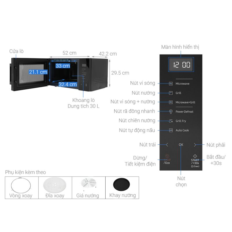 Kích Thước Lò vi sóng có nướng Samsung MG30T5018CK/SV 30 lít Kích Thước Lò vi sóng có nướng Samsung MG30T5018CK/SV 30 lít