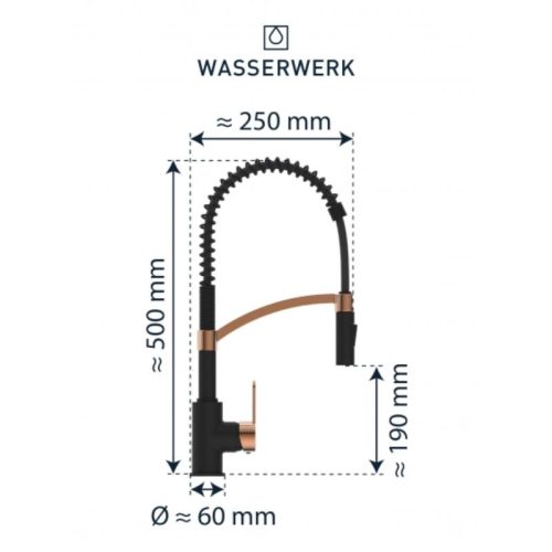 Kích thước vòi rửa bát Wasserwerk WK 3 black/rose gold with spiral spring 700557