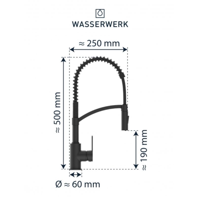 Kích thước vòi rửa bát Wasserwerk WK 3 Black with spiral spring 700556 màu đen Kích thước vòi rửa bát Wasserwerk WK 3 Black with spiral spring 700556 màu đen