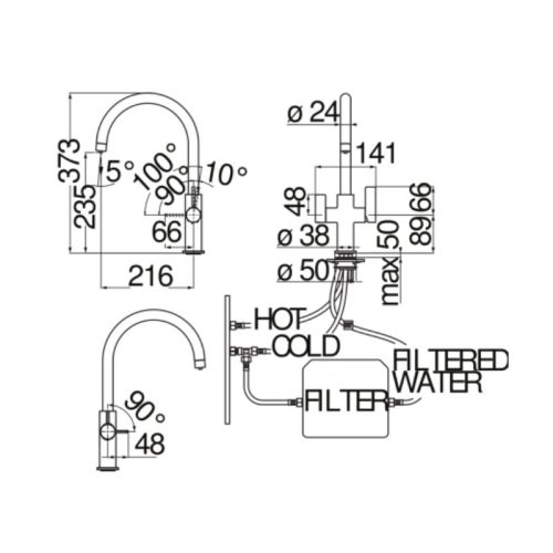 Vòi rửa bát Nobinox SORA NB164 5 Kích thước vòi rửa bát Nobinox SORA NB164